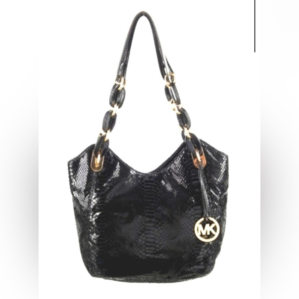 Michael Kors Black and Gold Snake-Embossed Shoulder Bag